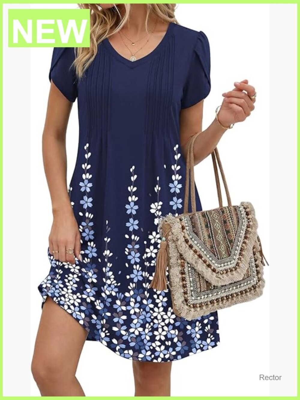 V-Neck A-Line Pleated Boho Dress Tulip Sleeve Knee-Length Casual Summer